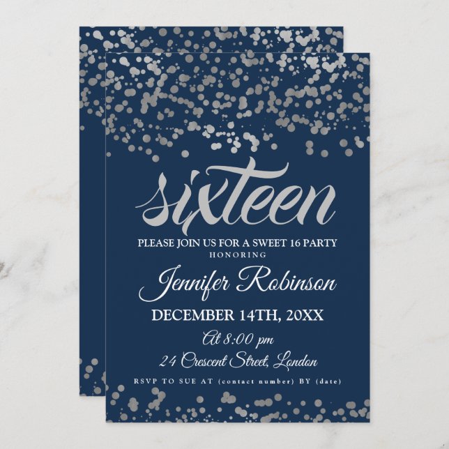 Convites Elegante Sweet 16 Silver & Marinho Foil Confetti (Frente/Verso)