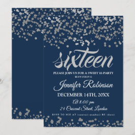 Convites Elegante Sweet 16 Silver & Marinho Foil Confetti
