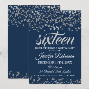 Convites Elegante Sweet 16 Silver & Marinho Foil Confetti