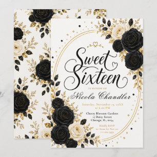 Convites Elegante Sweet Sixteen Preto Dourado