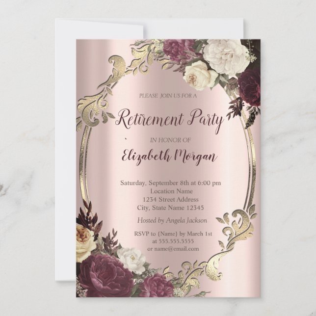 Convites Elegante Swirls Frame Dourado,Retenção de Borgonha (Frente)