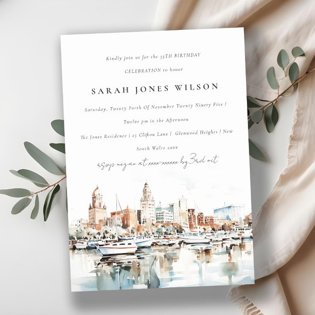 Convites Elegante Tampa Florida Skyline Watercolor Birthday (Criador carregado)