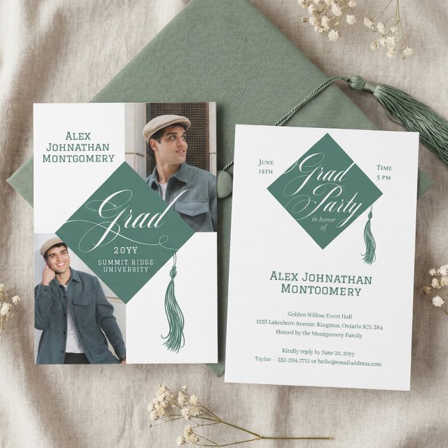 Convites Elegante Tassel de Borla de Graduação em Script pa (Elegant Script Grad Cap Tassel Graduation Photo Invitation)