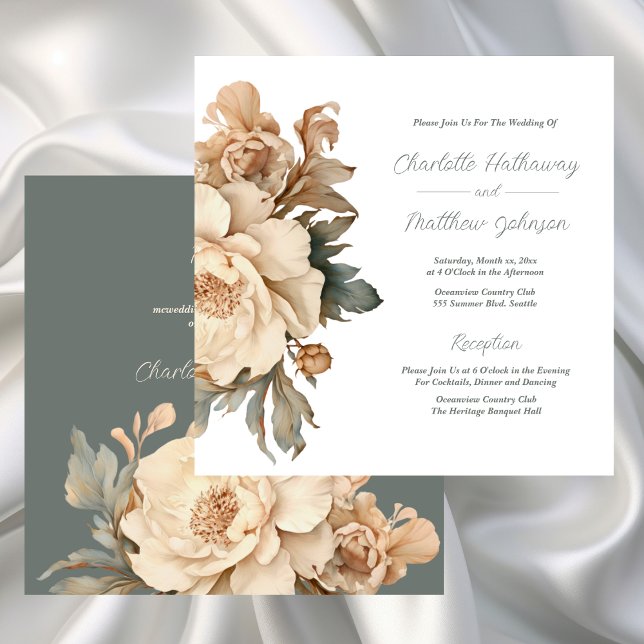 Convites Elegante Taupe Com Casamento Floral Verde (Elegant Taupe With Green Floral Wedding Invitation)