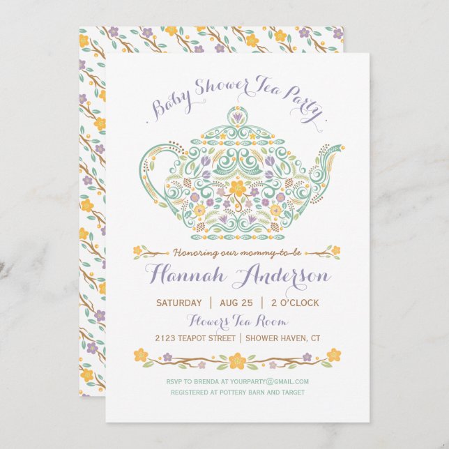 Convites Elegante Tea Party - Chá de fraldas de chá (Frente/Verso)
