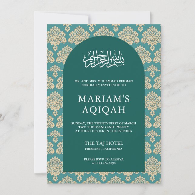 Convites Elegante Teal Damask Arabian Arch Aqiqah (Frente)