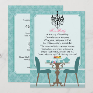Convites Elegante Teal Damask Birthday Tea Party