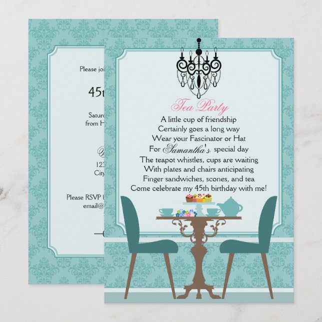 Convites Elegante Teal Damask Birthday Tea Party (Frente/Verso)