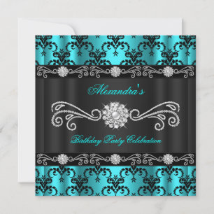Convites Elegante Teal Damask Black Diamond Festa de aniver