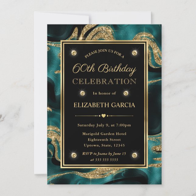 Convites Elegante Teal Derretido e Brilho Dourado Aniversár (Frente)