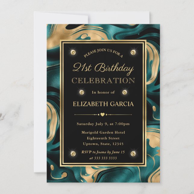 Convites Elegante Teal Derretido e Brilho Dourado Aniversár (Frente)