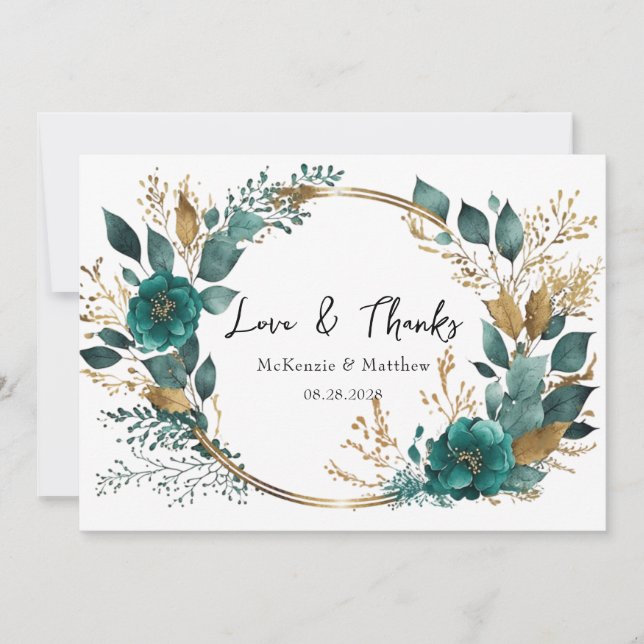 Convites Elegante Teal Dourado Floral Weding Love & Obrigad (Frente)