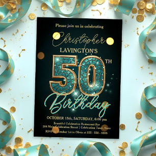 Convites Elegante Teal e Dourada Celebração de 50º Aniversá