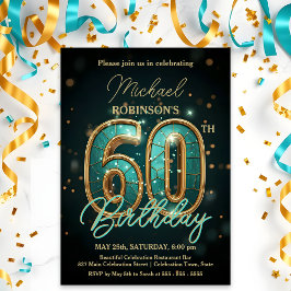 Convites Elegante Teal e Dourada Celebração de 60º Aniversá