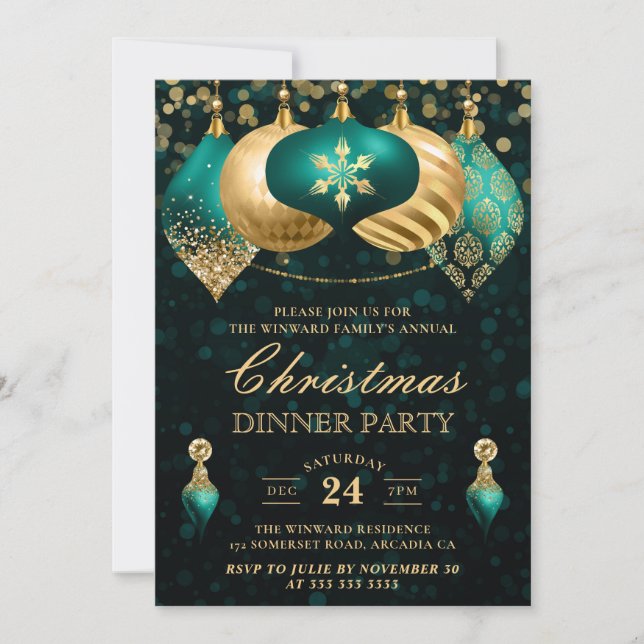 Convites Elegante Teal e Dourada Festa de Janto de Natal Ba (Frente)