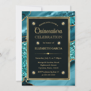 Convites Elegante Teal e Dourado Brilho Agata Quinceanera