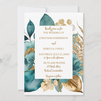 Convites Elegante Teal e Dourado casamento Floral