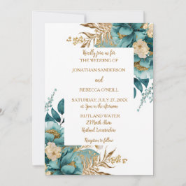 Convites Elegante Teal e Dourado casamento Floral