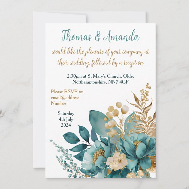 Convites Elegante Teal e Dourado casamento Floral (Frente)