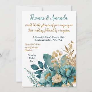 Convites Elegante Teal e Dourado casamento Floral