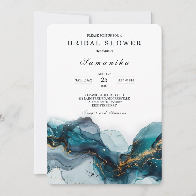 Convites Elegante Teal e Dourado Chá de panela Marble (Frente)