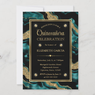 Convites Elegante Teal e Glitter de Ouro Agata Quinceanera