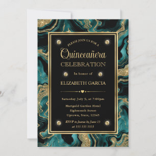 Convites Elegante Teal e Glitter de Ouro Agate Quinceanera