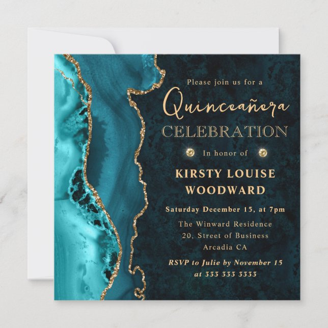 Convites Elegante Teal e Glitter Dourado Agata Quinceanera (Frente)