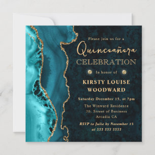 Convites Elegante Teal e Glitter Dourado Agata Quinceanera