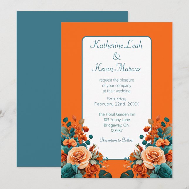 Convites Elegante Teal e Orange Floral (Frente/Verso)