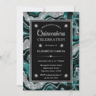 Convites Elegante Teal e Prata Glitter Agata Quinceanera