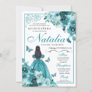 Convites Elegante Teal Floral Quinceanera Aniversário