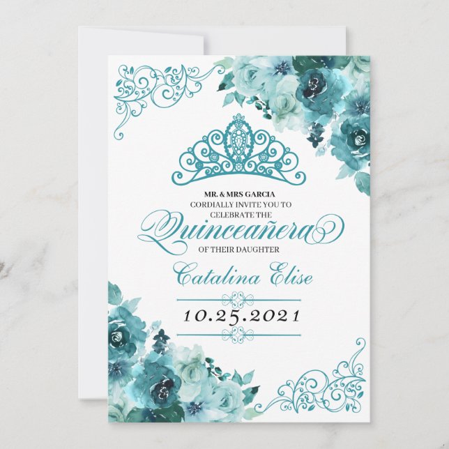 Convites Elegante Teal Floral Quinceanera Aniversário (Frente)