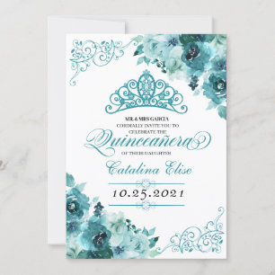 Convites Elegante Teal Floral Quinceanera Aniversário