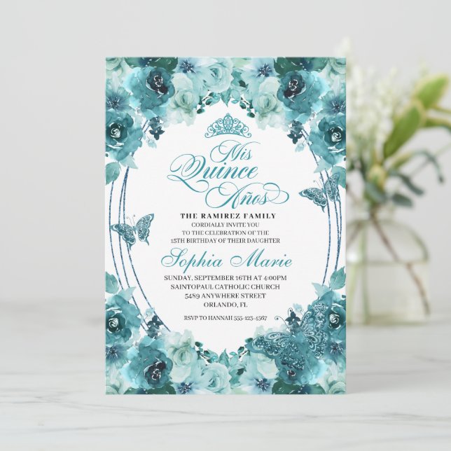 Convites Elegante Teal Floral Quinceanera Aniversário (Em pé/Frente)