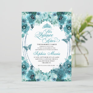 Convites Elegante Teal Floral Quinceanera Aniversário
