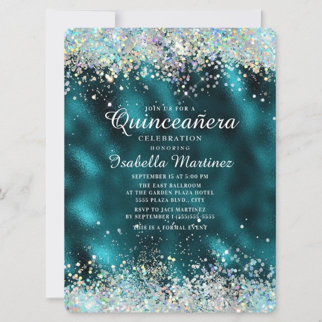 Convites Elegante Teal Silver Glitter Quinceañera (Frente)