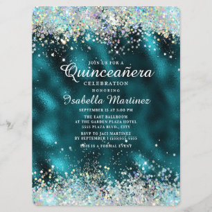 Convites Elegante Teal Silver Glitter Quinceañera