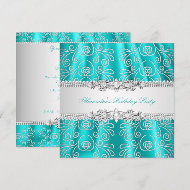 Convites Elegante Teal Silver Lace Diamond Overlay Party (Frente/Verso)