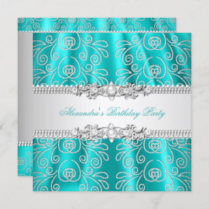 Convites Elegante Teal Silver Lace Diamond Overlay Party