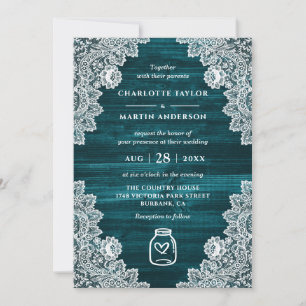 Convites Elegante Teal Wood Floral Lace Mason Jar Wedding
