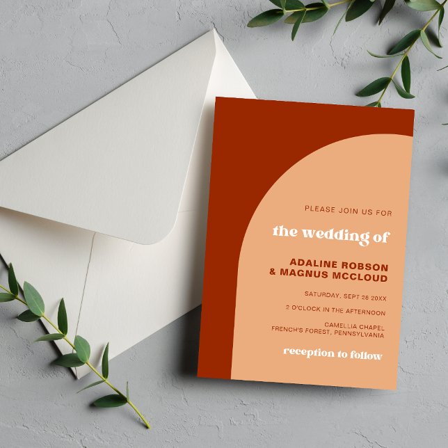 Convites Elegante Terracota de Pêssego Arco Boho Casamento  (Elegant chic peach terracotta arch invitation sets a warm tone for your special day.)