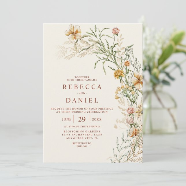 Convites Elegante Terracota e Bege Boho Casamento Floral (Em pé/Frente)