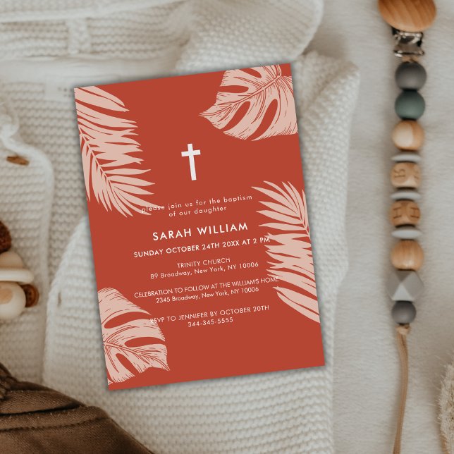 Convites Elegante Terracotta Boho deixa o batismo cruzado (Elegant Terracotta Boho Leave Gold Cross Baptism Invitation)