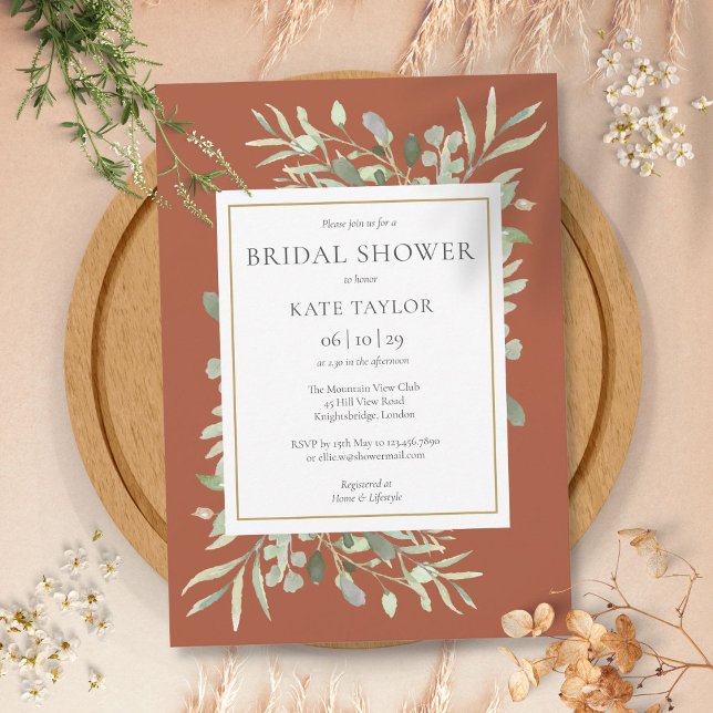 Convites Elegante Terracotta Dourada Greenery Chá de panela (Elegant Terracotta Gold Greenery Bridal Shower Invitation)