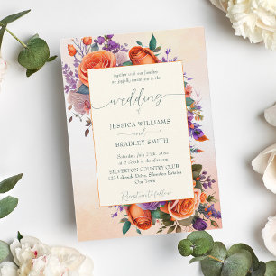 Convites Elegante terracotta - flores roxas laranja modelo