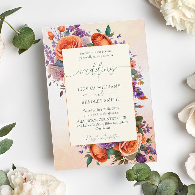 Convites Elegante terracotta - flores roxas laranja modelo (Criador carregado)