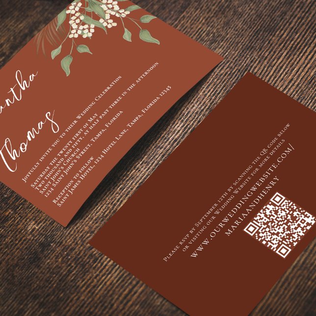 Convites Elegante Terracotta Greenery Foliage (Terracotta elegant wedding invitation with a QR code for easy wedding details sharing. )