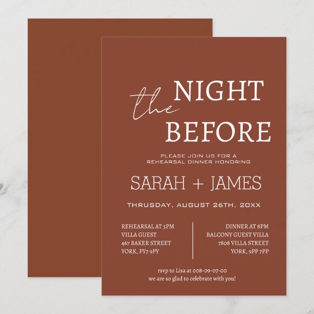 Convites Elegante Terracotta na Noite Antes do Casamento Ja (Frente/Verso)