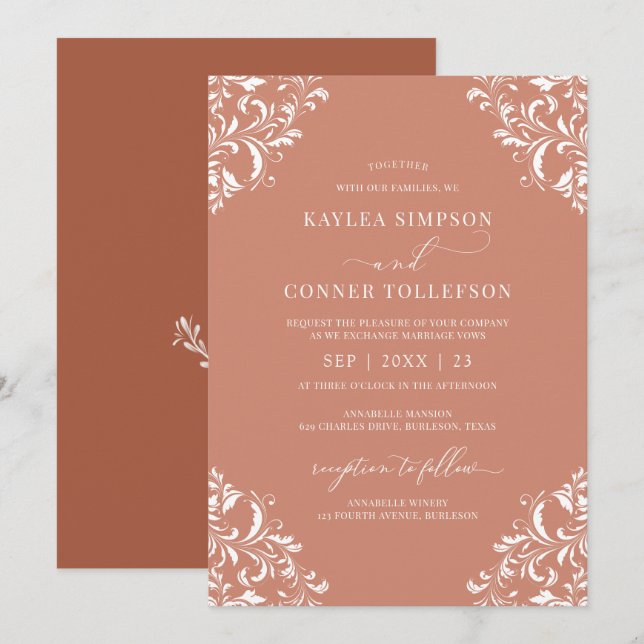 Convites Elegante Terracotta Rust Wedding Ornamentado Vinta (Frente/Verso)